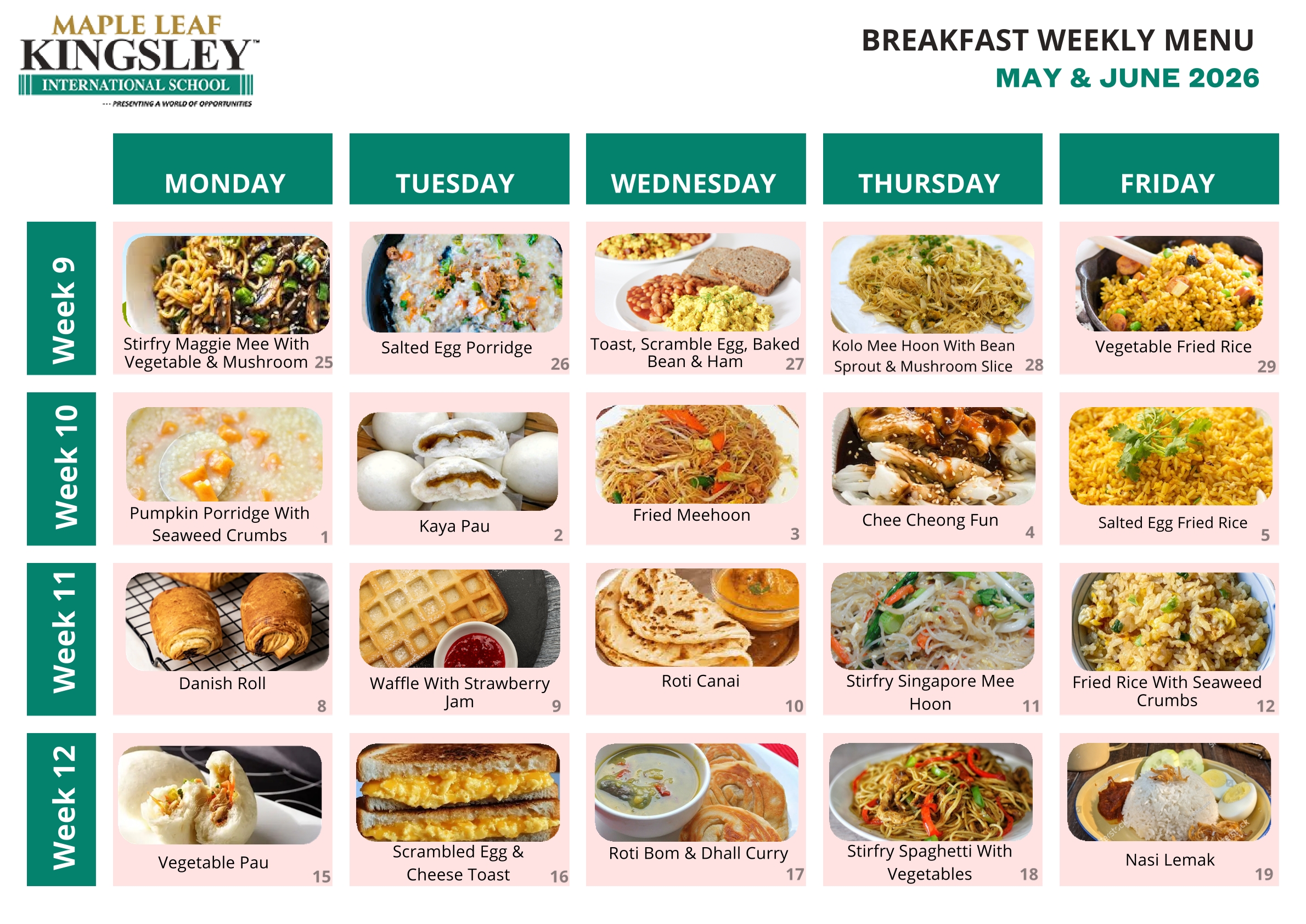 2025 2026 MLKIS Breakfast Menu