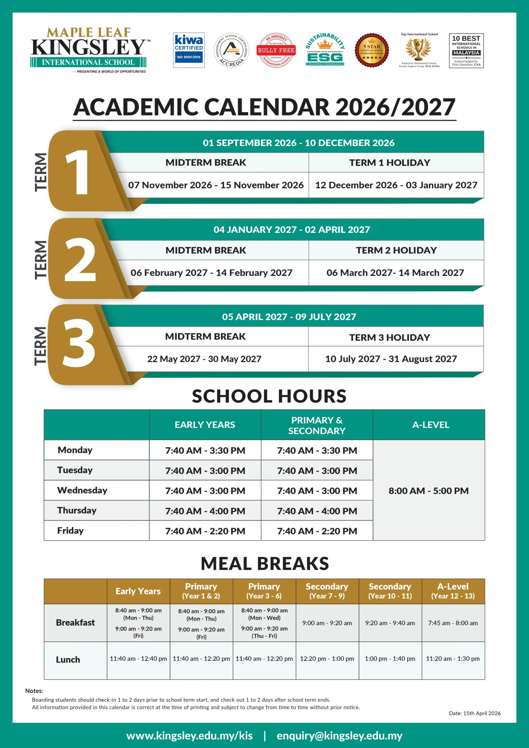 Kingsley's Academic Calendar
